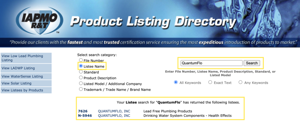 QuantumFlo certified by IAPMO